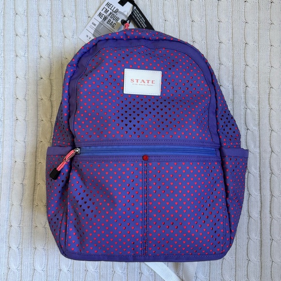 STATE Kane Kids Backpack NEW Perforated Hearts Kids Girls Book Bag Purple Pink - Picture 1 of 10
